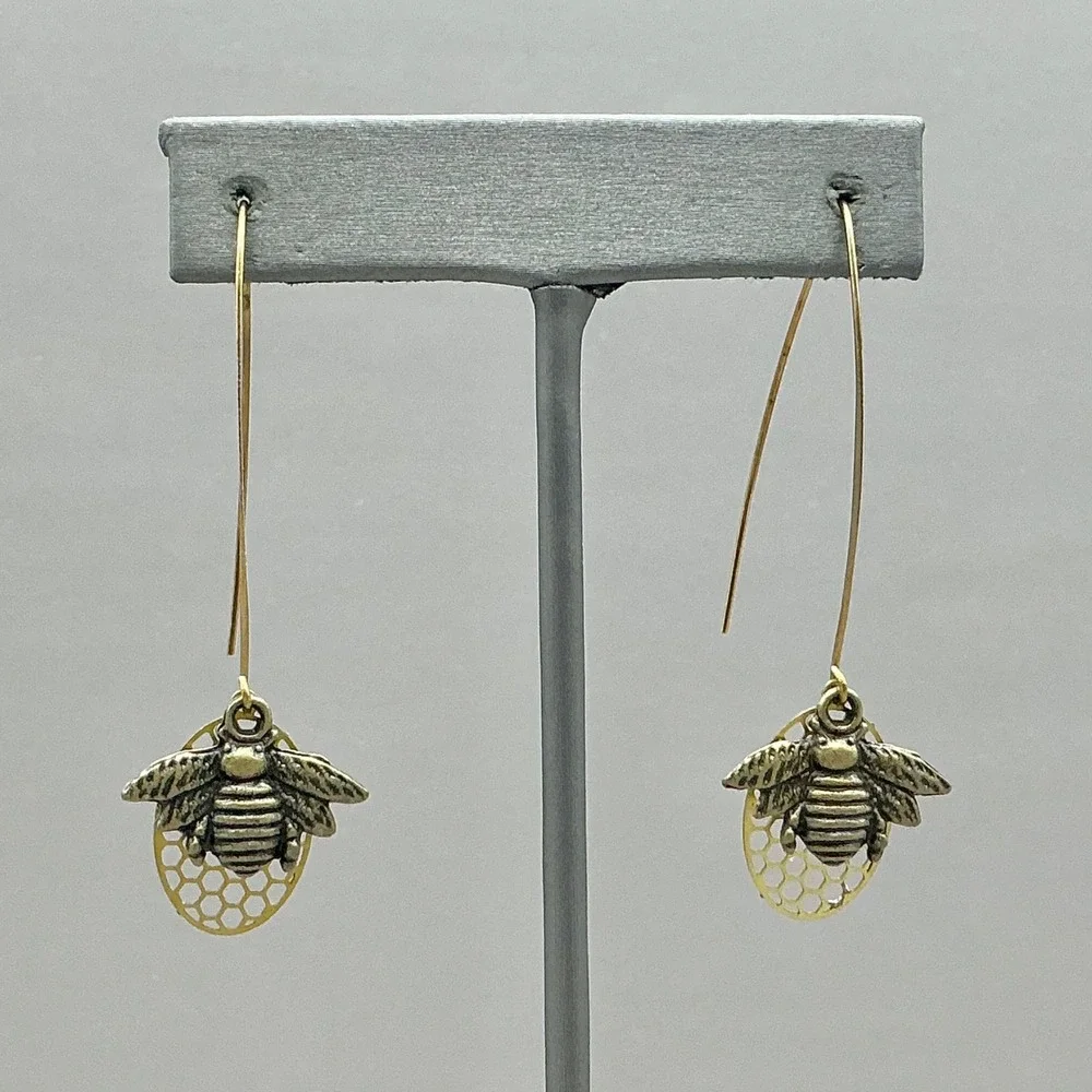Earrings Women Gold Honey Bee Honeycomb Long Kidney Wire Dangle Drop 2.25 Inch
